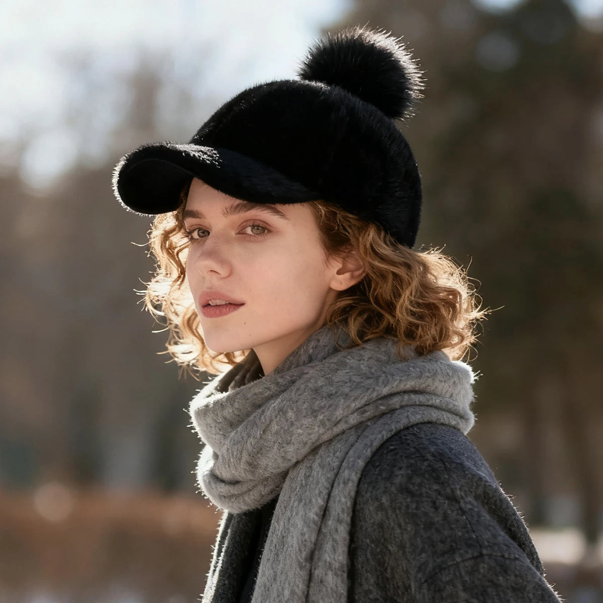 Women's Fall Winter Faux Mink Fur Baseball Cap, Warm Cap with Pom-pom Design, Faux Fur Fashion Outdoor Hat for Cold Weather